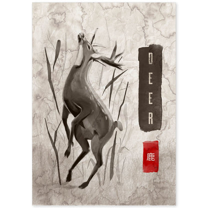 Lámina Ciervo. Pósters en estilo Sumi-E. Imágenes vintage de animales en tonos grises.-Artwork-Nacnic-A4-Sin marco-Nacnic Estudio SL