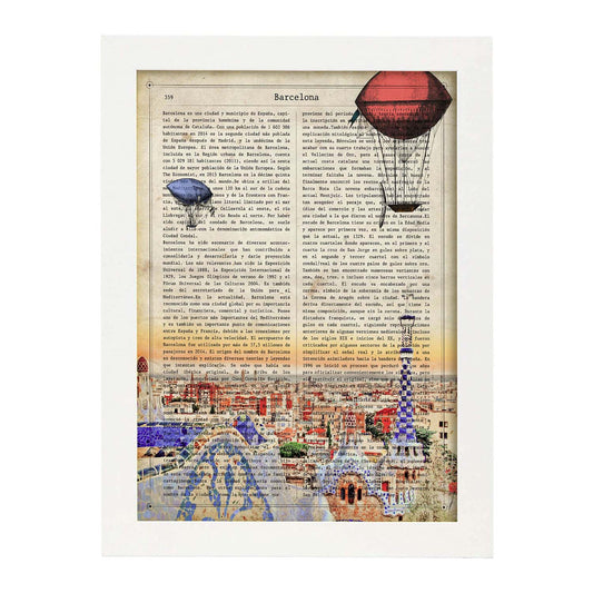 Lámina Ciudad de Barcelona. Estilo Vintage. Ilustración, fotografía y Collage con la Historia DE Barcelona.-Artwork-Nacnic-A4-Marco Blanco-Nacnic Estudio SL