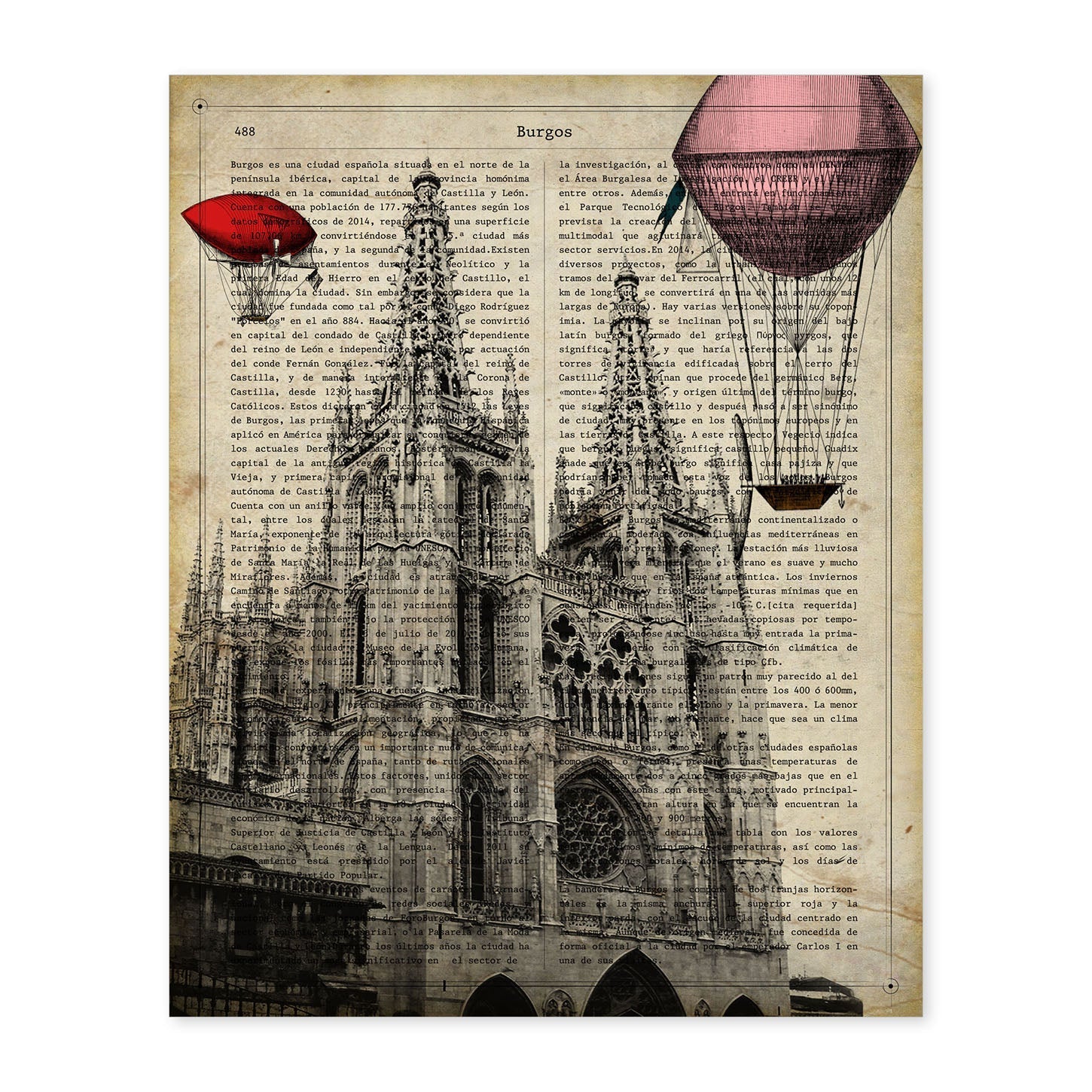 Lámina Ciudad de Burgos. Estilo Vintage. Ilustración, fotografía y Collage con la Historia DE Burgos.-Artwork-Nacnic-A4-Sin marco-Nacnic Estudio SL