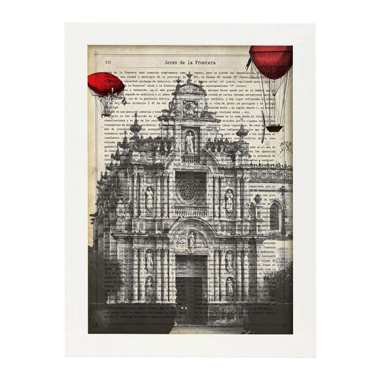 Lámina Ciudad de Jerez. Estilo Vintage. Ilustración, fotografía y Collage con la Historia DE Jerez DE LA Frontera.-Artwork-Nacnic-A4-Marco Blanco-Nacnic Estudio SL