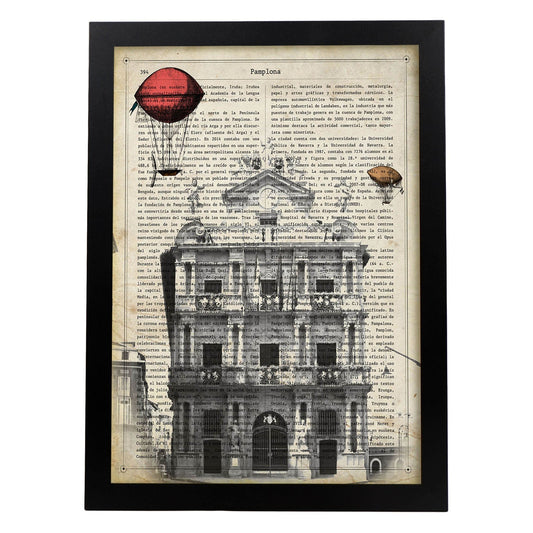 Lámina Ciudad de Pamplona. Estilo Vintage. Ilustración, fotografía y Collage con la Historia DE Pamplona.-Artwork-Nacnic-A4-Marco Negro-Nacnic Estudio SL