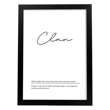 Lámina con definicion de palabras en italiano. Poster 'Clan' de palabras con definiciones.-Artwork-Nacnic-A4-Marco Negro-Nacnic Estudio SL