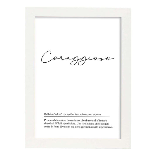 Lámina con definicion de palabras en italiano. Poster 'Coraggioso' de palabras con definiciones.-Artwork-Nacnic-A4-Marco Blanco-Nacnic Estudio SL