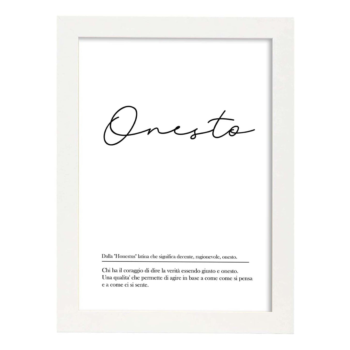 Lámina con definicion de palabras en italiano. Poster 'Onesto' de palabras con definiciones.-Artwork-Nacnic-A3-Marco Blanco-Nacnic Estudio SL