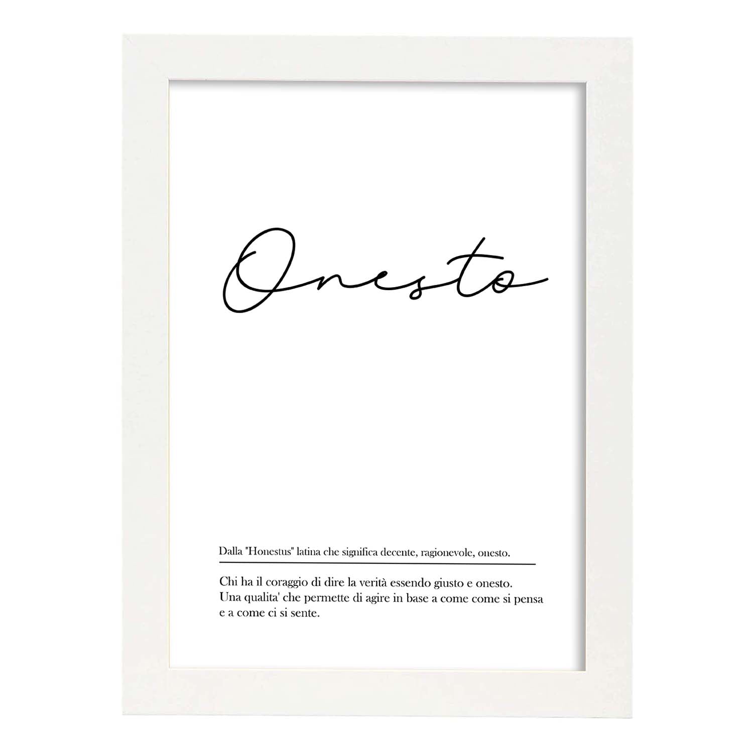 Lámina con definicion de palabras en italiano. Poster 'Onesto' de palabras con definiciones.-Artwork-Nacnic-A4-Marco Blanco-Nacnic Estudio SL