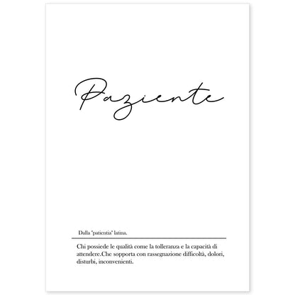 Lámina con definicion de palabras en italiano. Poster 'Paziente' de palabras con definiciones.-Artwork-Nacnic-A4-Sin marco-Nacnic Estudio SL
