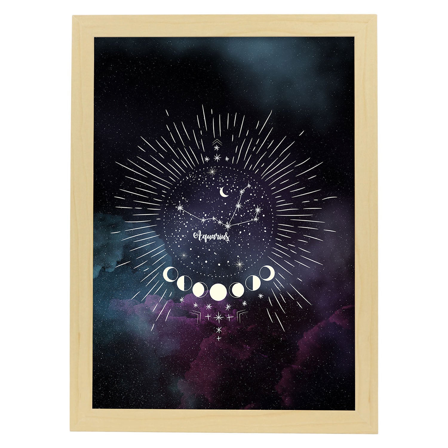 Lamina con la constelación Acuario. Poster con símbolo del Zodiaco en y Fondo del Cielo Estrellado-Artwork-Nacnic-A3-Marco Madera clara-Nacnic Estudio SL