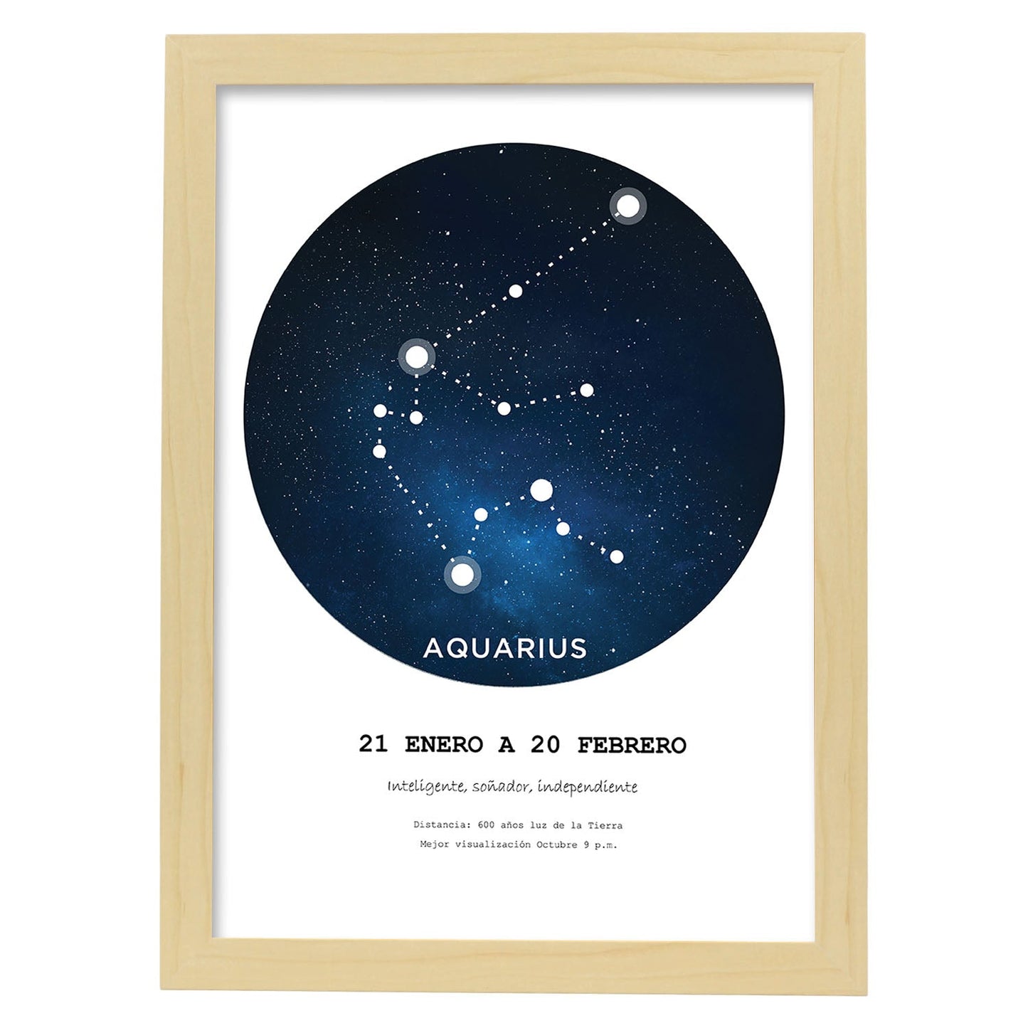 Lamina con la constelación Aquarius. Poster con símbolo del zodiaco en y fondo blanco-Artwork-Nacnic-A3-Marco Madera clara-Nacnic Estudio SL