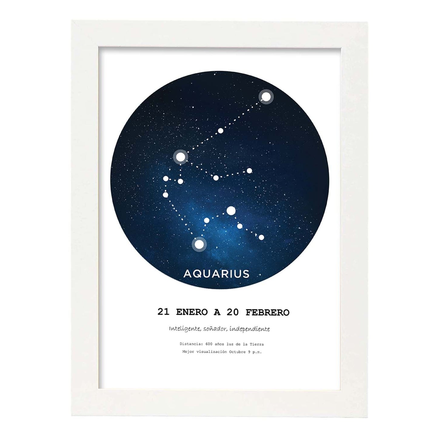 Lamina con la constelación Aquarius. Poster con símbolo del zodiaco en y fondo blanco-Artwork-Nacnic-A4-Marco Blanco-Nacnic Estudio SL