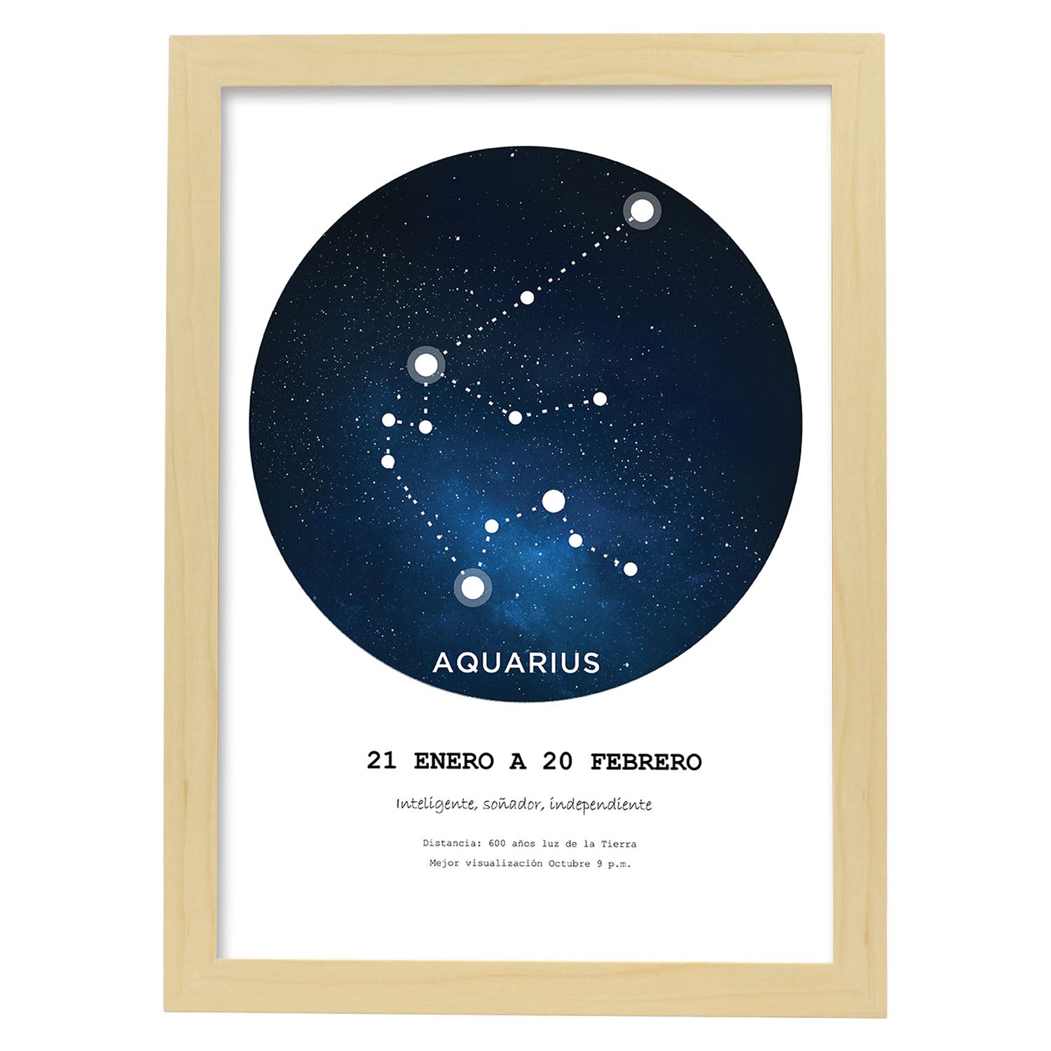 Lamina con la constelación Aquarius. Poster con símbolo del zodiaco en y fondo blanco-Artwork-Nacnic-A4-Marco Madera clara-Nacnic Estudio SL