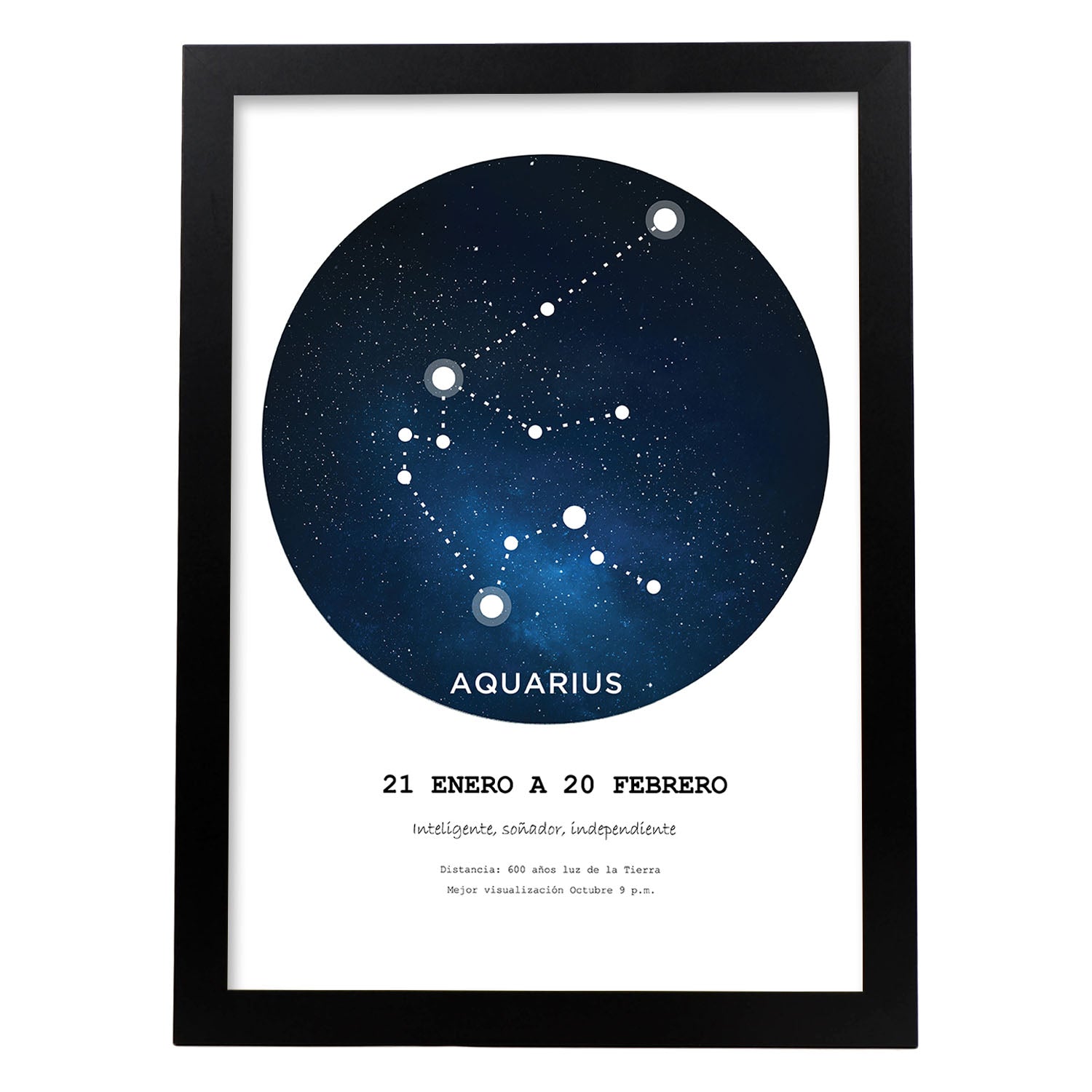 Lamina con la constelación Aquarius. Poster con símbolo del zodiaco en y fondo blanco-Artwork-Nacnic-A4-Marco Negro-Nacnic Estudio SL