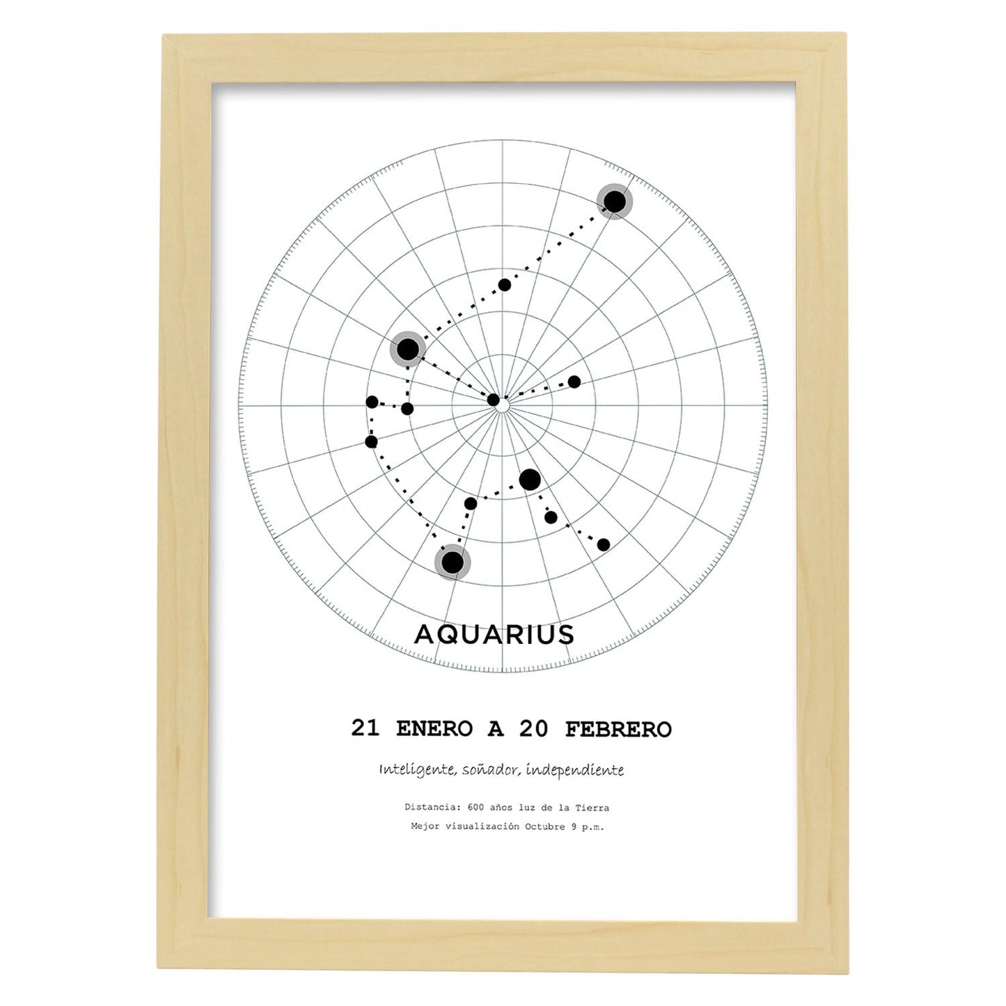 Lamina con la constelación Aquarius. Poster con símbolo del zodiaco en y fondo del cielo estrellado-Artwork-Nacnic-A3-Marco Madera clara-Nacnic Estudio SL