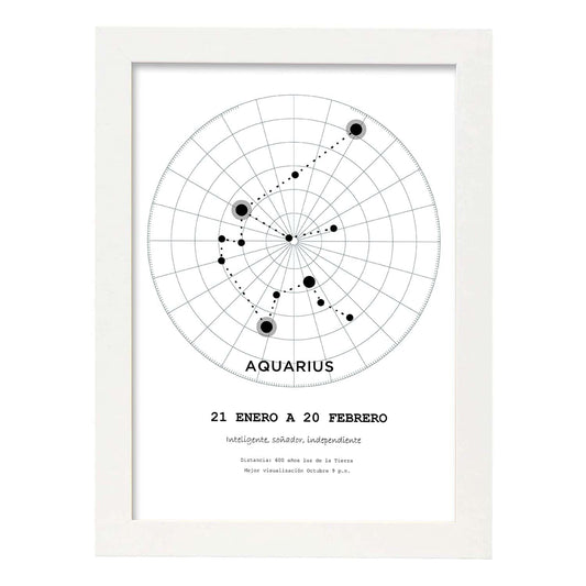 Lamina con la constelación Aquarius. Poster con símbolo del zodiaco en y fondo del cielo estrellado-Artwork-Nacnic-A4-Marco Blanco-Nacnic Estudio SL