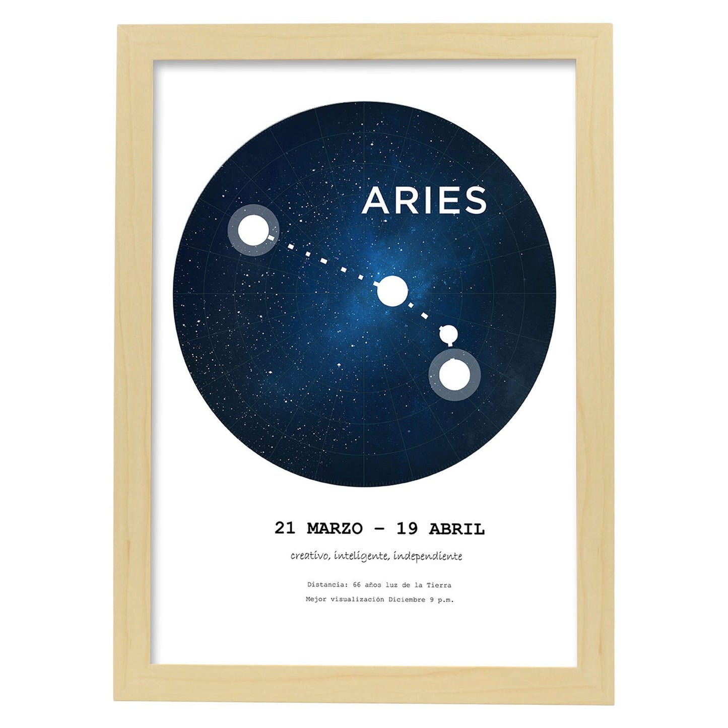 Lamina con la constelación Aries. Poster con símbolo del zodiaco en y fondo blanco-Artwork-Nacnic-A3-Marco Madera clara-Nacnic Estudio SL