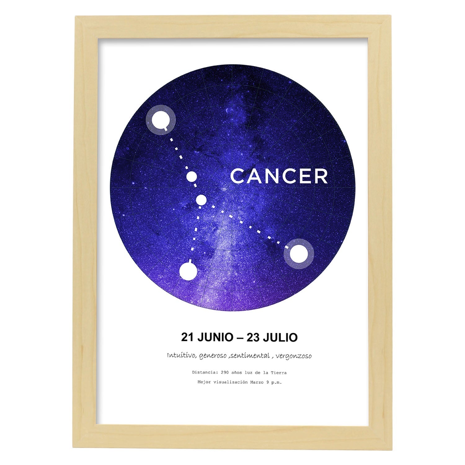 Lamina con la constelación Cancer. Poster con símbolo del zodiaco en y fondo blanco-Artwork-Nacnic-A3-Marco Madera clara-Nacnic Estudio SL