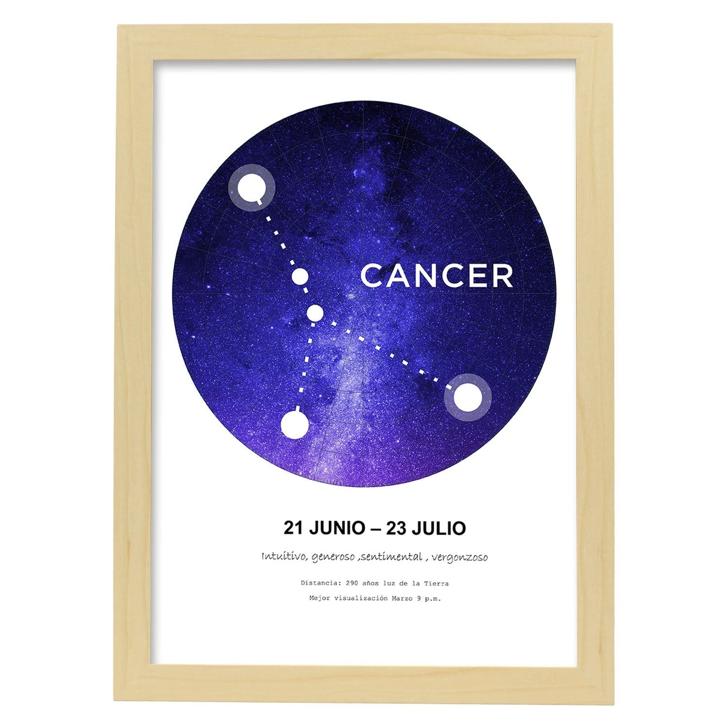 Lamina con la constelación Cancer. Poster con símbolo del zodiaco en y fondo blanco-Artwork-Nacnic-A4-Marco Madera clara-Nacnic Estudio SL