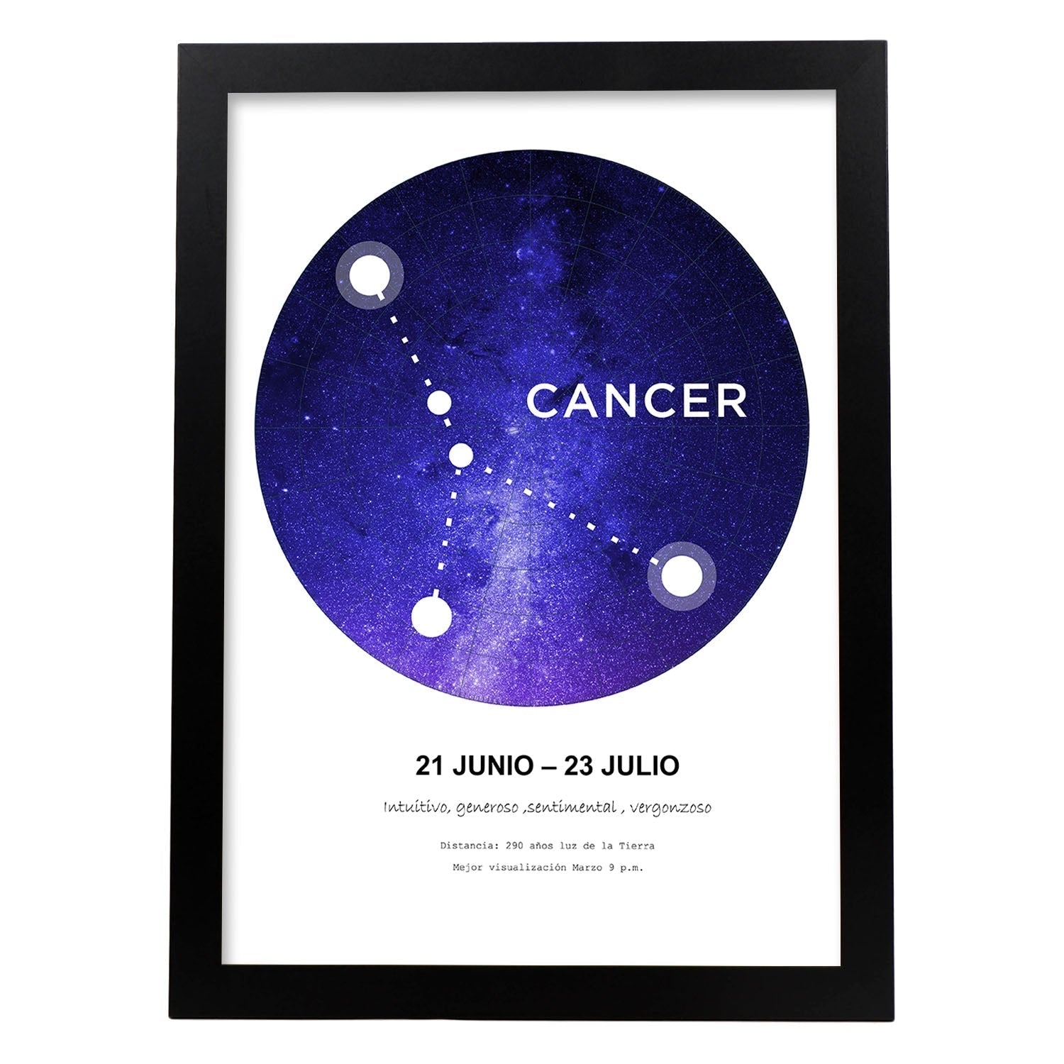 Lamina con la constelación Cancer. Poster con símbolo del zodiaco en y fondo blanco-Artwork-Nacnic-A4-Marco Negro-Nacnic Estudio SL