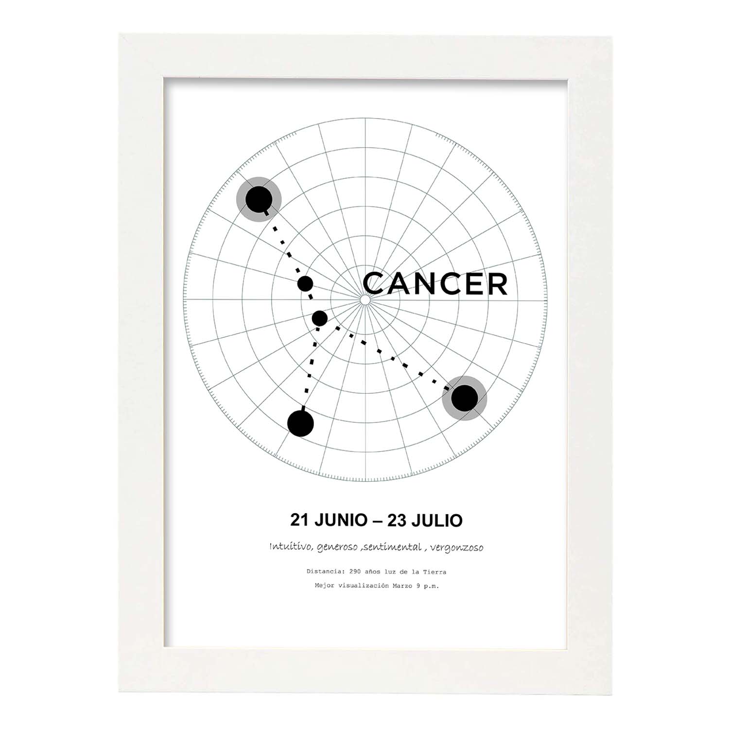 Lamina con la constelación Cancer. Poster con símbolo del zodiaco en y fondo del cielo estrellado-Artwork-Nacnic-A3-Marco Blanco-Nacnic Estudio SL