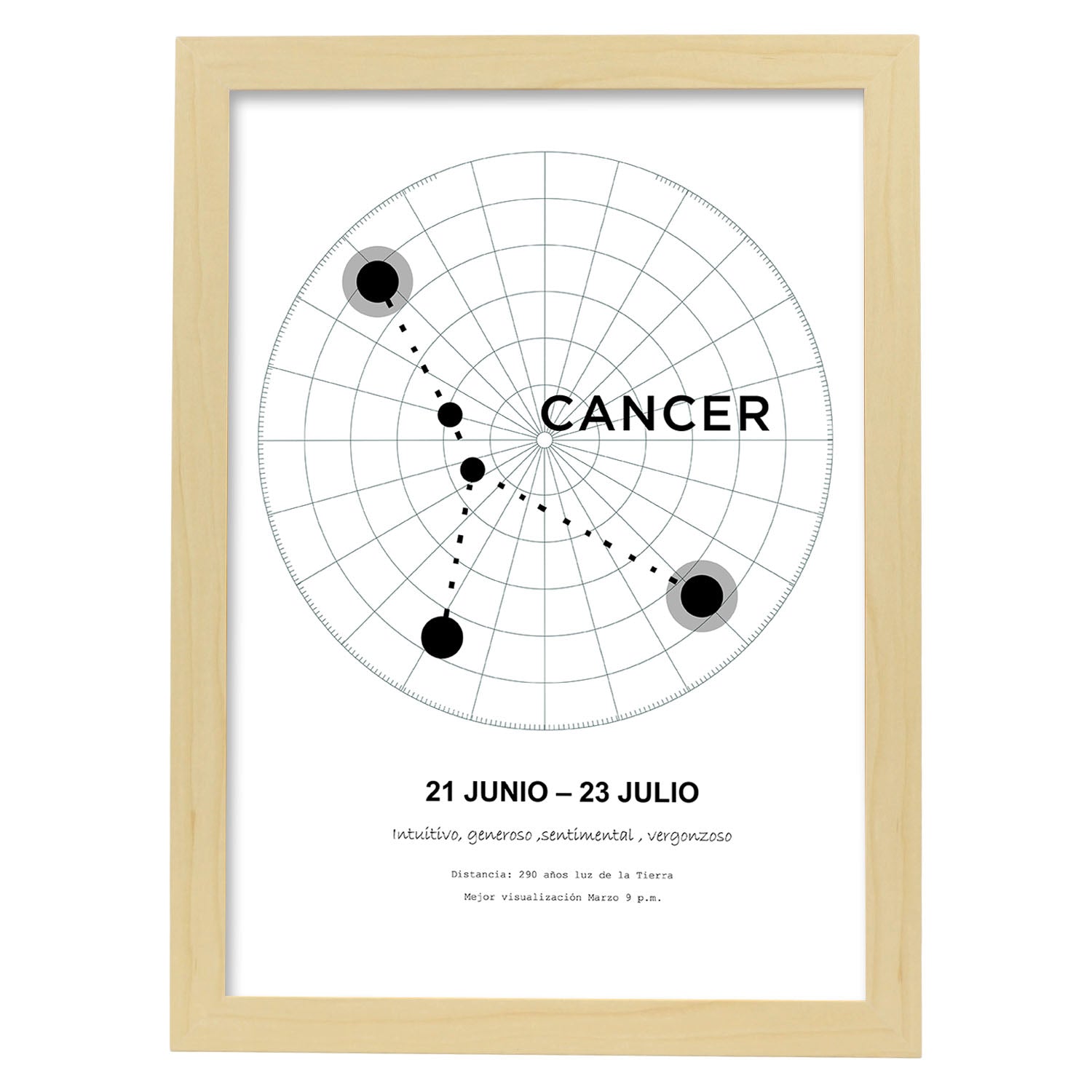 Lamina con la constelación Cancer. Poster con símbolo del zodiaco en y fondo del cielo estrellado-Artwork-Nacnic-A3-Marco Madera clara-Nacnic Estudio SL