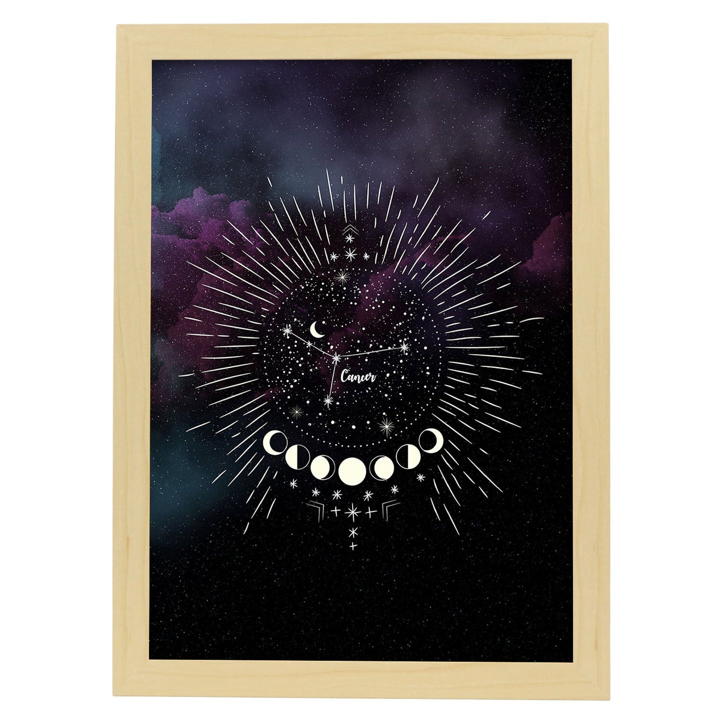 Lamina con la constelación Cancer. Poster con símbolo del Zodiaco en y Fondo del Cielo Estrellado-Artwork-Nacnic-A3-Marco Madera clara-Nacnic Estudio SL