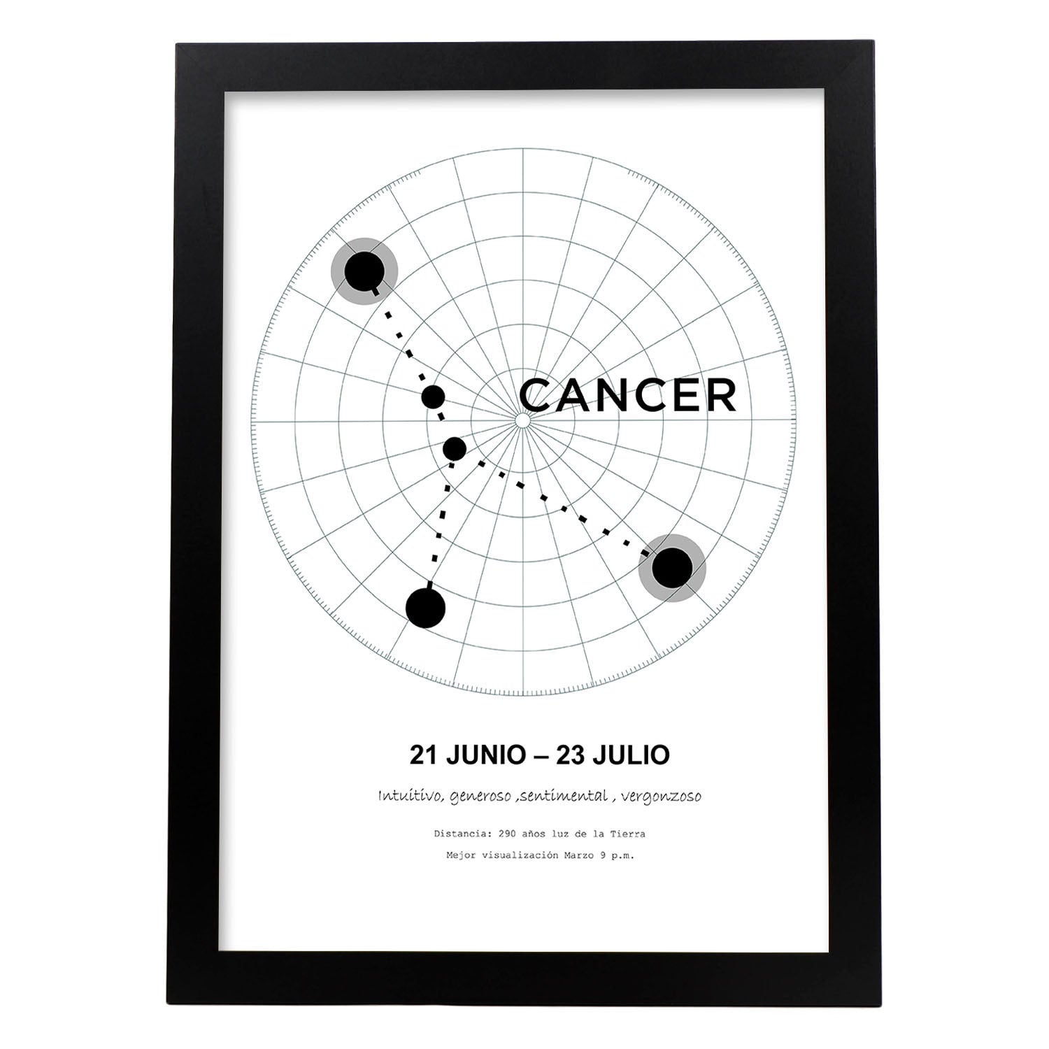 Lamina con la constelación Cancer. Poster con símbolo del zodiaco en y fondo del cielo estrellado-Artwork-Nacnic-A3-Marco Negro-Nacnic Estudio SL