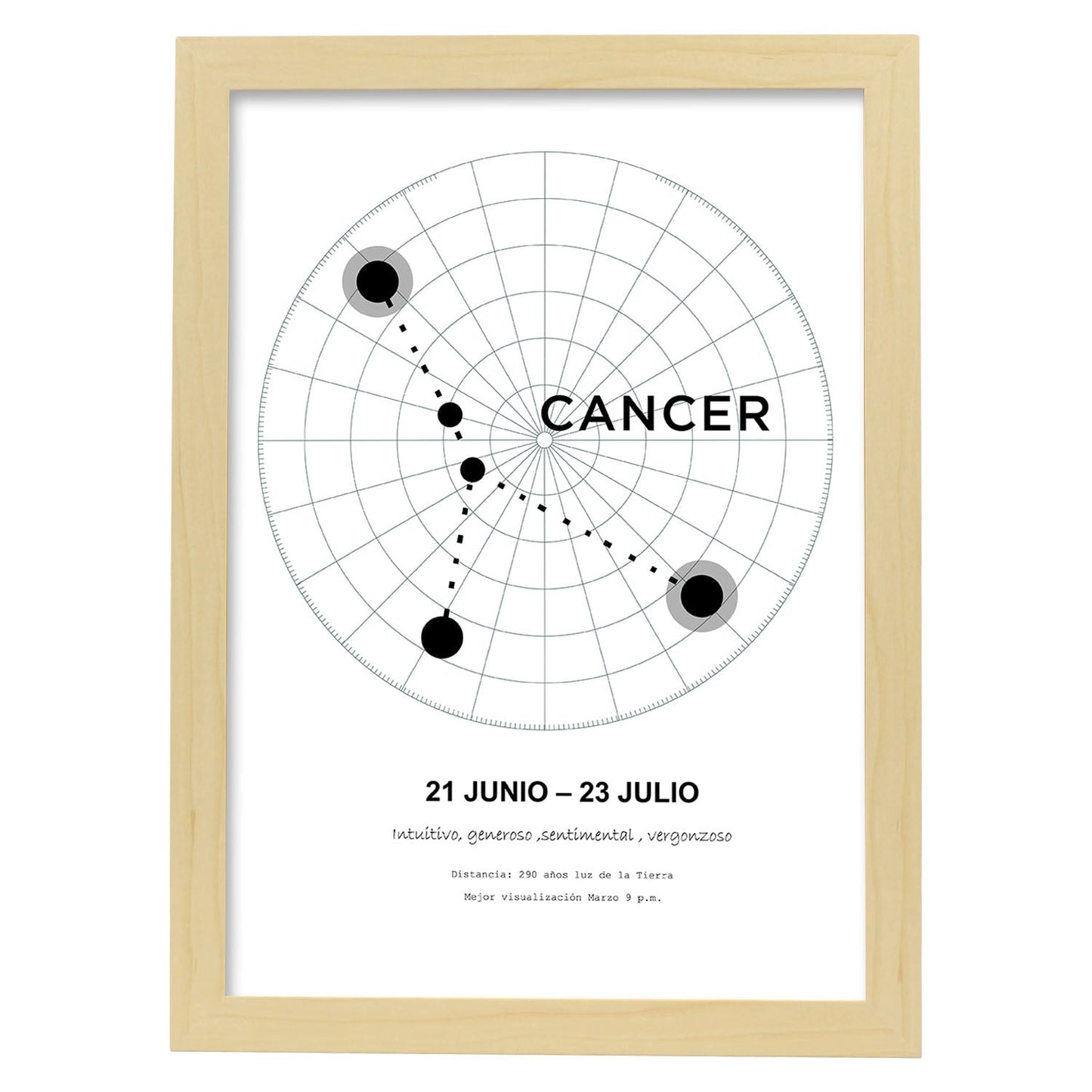Lamina con la constelación Cancer. Poster con símbolo del zodiaco en y fondo del cielo estrellado-Artwork-Nacnic-A4-Marco Madera clara-Nacnic Estudio SL