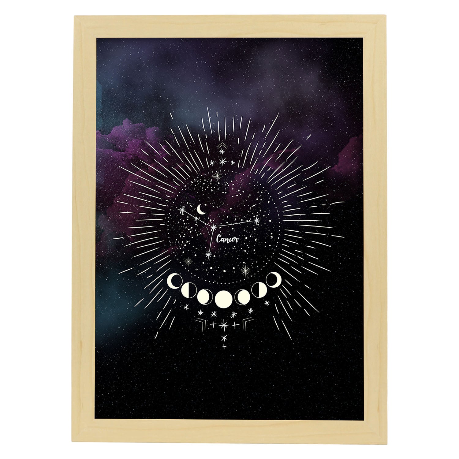 Lamina con la constelación Cancer. Poster con símbolo del Zodiaco en y Fondo del Cielo Estrellado-Artwork-Nacnic-A4-Marco Madera clara-Nacnic Estudio SL
