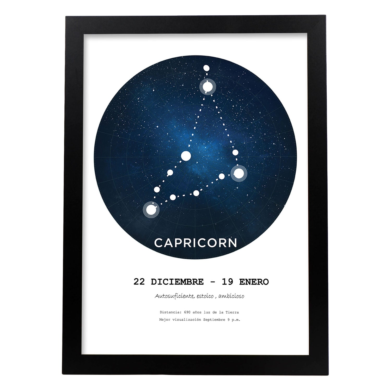 Lamina con la constelación Capricorn. Poster con símbolo del zodiaco en y fondo blanco-Artwork-Nacnic-A3-Marco Negro-Nacnic Estudio SL