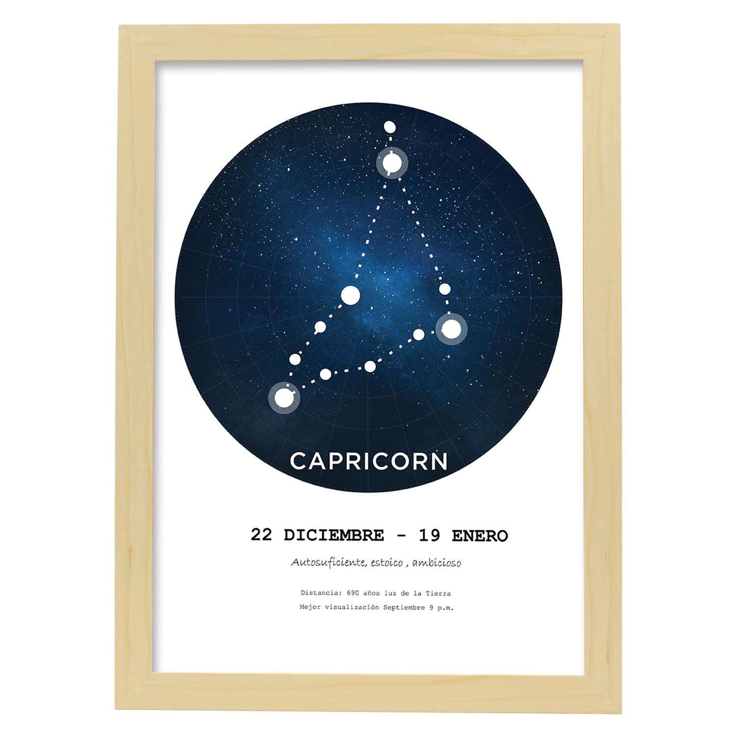 Lamina con la constelación Capricorn. Poster con símbolo del zodiaco en y fondo blanco-Artwork-Nacnic-A4-Marco Madera clara-Nacnic Estudio SL