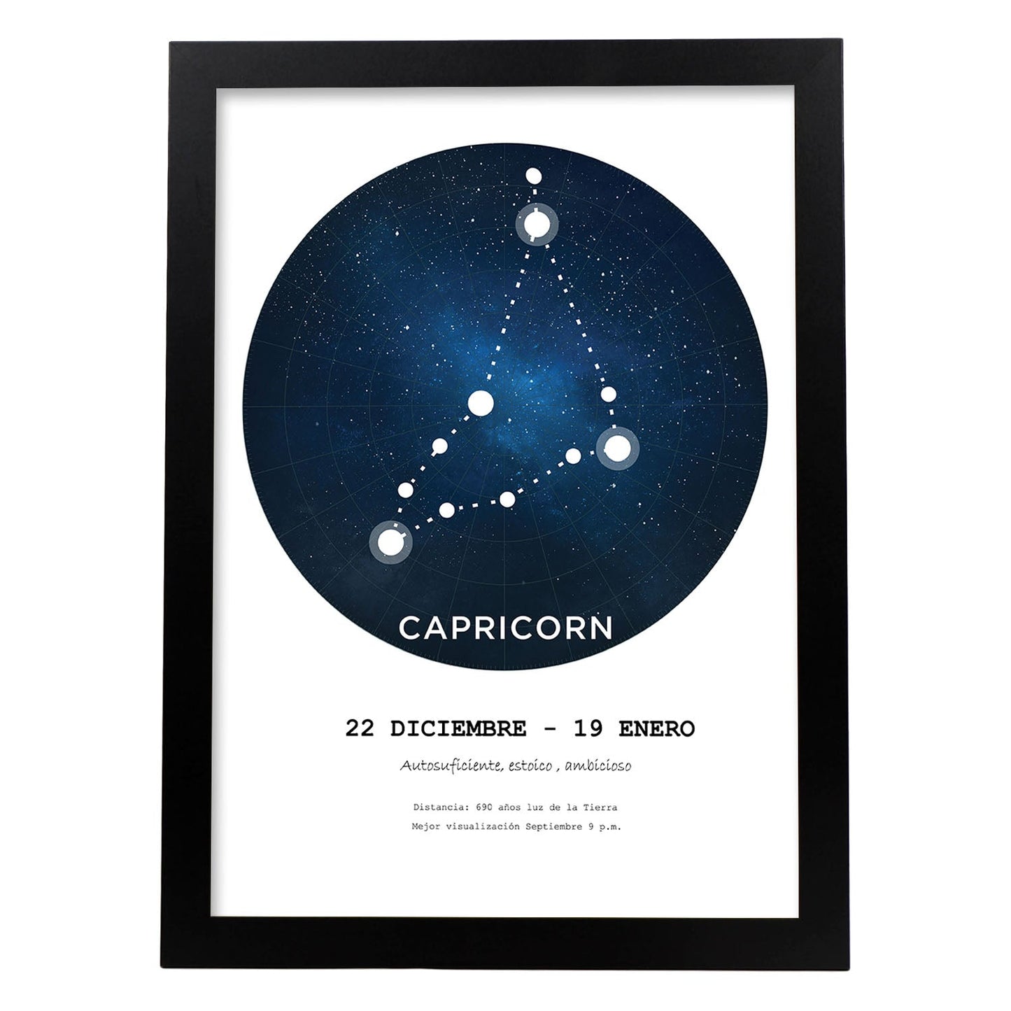 Lamina con la constelación Capricorn. Poster con símbolo del zodiaco en y fondo blanco-Artwork-Nacnic-A4-Marco Negro-Nacnic Estudio SL