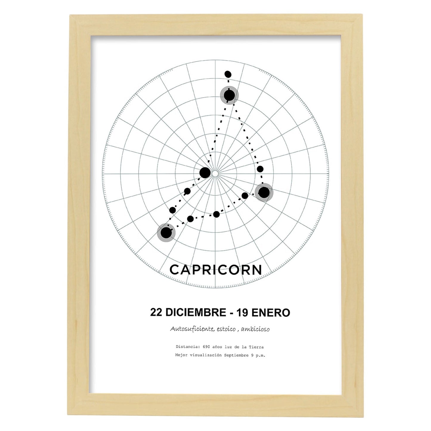 Lamina con la constelación Capricorn. Poster con símbolo del zodiaco en y fondo del cielo estrellado-Artwork-Nacnic-A3-Marco Madera clara-Nacnic Estudio SL