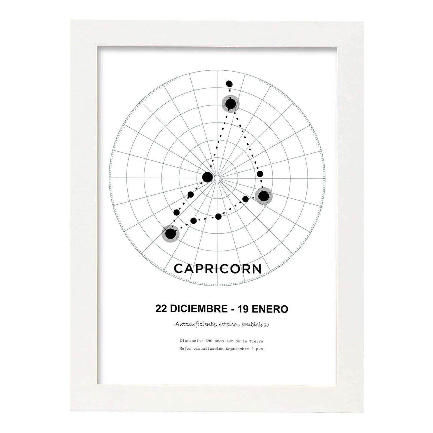 Lamina con la constelación Capricorn. Poster con símbolo del zodiaco en y fondo del cielo estrellado-Artwork-Nacnic-A4-Marco Blanco-Nacnic Estudio SL