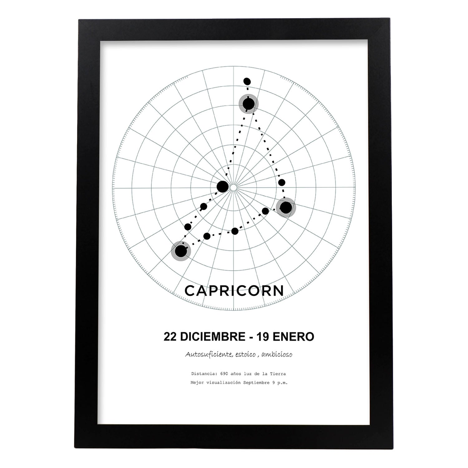 Lamina con la constelación Capricorn. Poster con símbolo del zodiaco en y fondo del cielo estrellado-Artwork-Nacnic-A4-Marco Negro-Nacnic Estudio SL