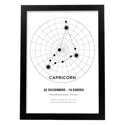 Lamina con la constelación Capricorn. Poster con símbolo del zodiaco en y fondo del cielo estrellado-Artwork-Nacnic-A4-Marco Negro-Nacnic Estudio SL
