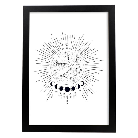 Lamina con la constelación Capricornio. Poster con símbolo del zodiaco en y fondo blanco-Artwork-Nacnic-A4-Marco Negro-Nacnic Estudio SL