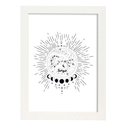 Lamina con la constelación Escorpio. Poster con símbolo del zodiaco en y fondo blanco-Artwork-Nacnic-A4-Marco Blanco-Nacnic Estudio SL