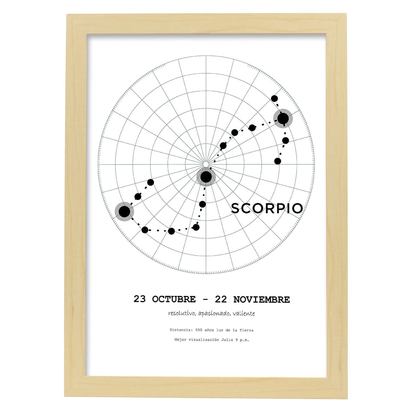 Lamina con la constelación Escorpio. Poster con símbolo del zodiaco en y fondo del cielo estrellado-Artwork-Nacnic-A3-Marco Madera clara-Nacnic Estudio SL