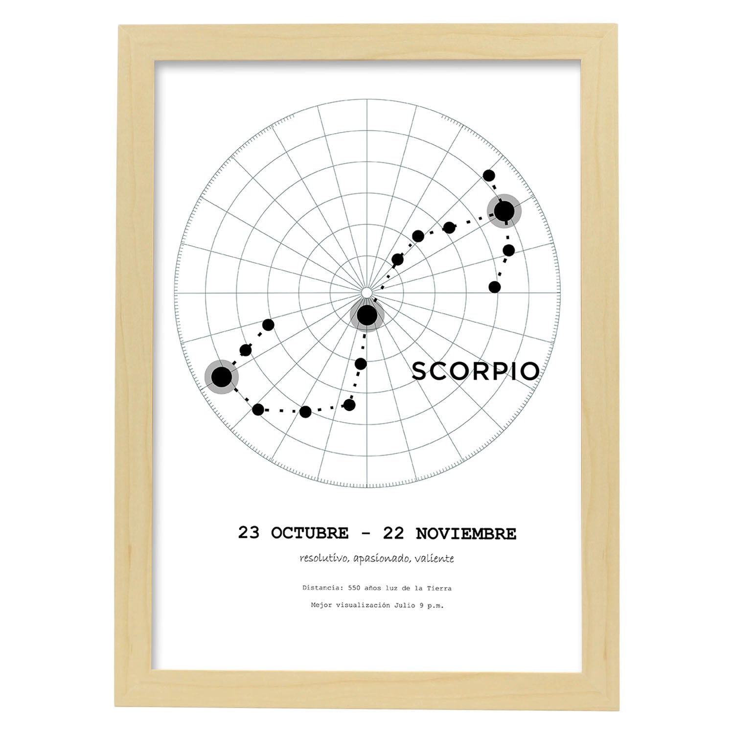 Lamina con la constelación Escorpio. Poster con símbolo del zodiaco en y fondo del cielo estrellado-Artwork-Nacnic-A3-Marco Madera clara-Nacnic Estudio SL