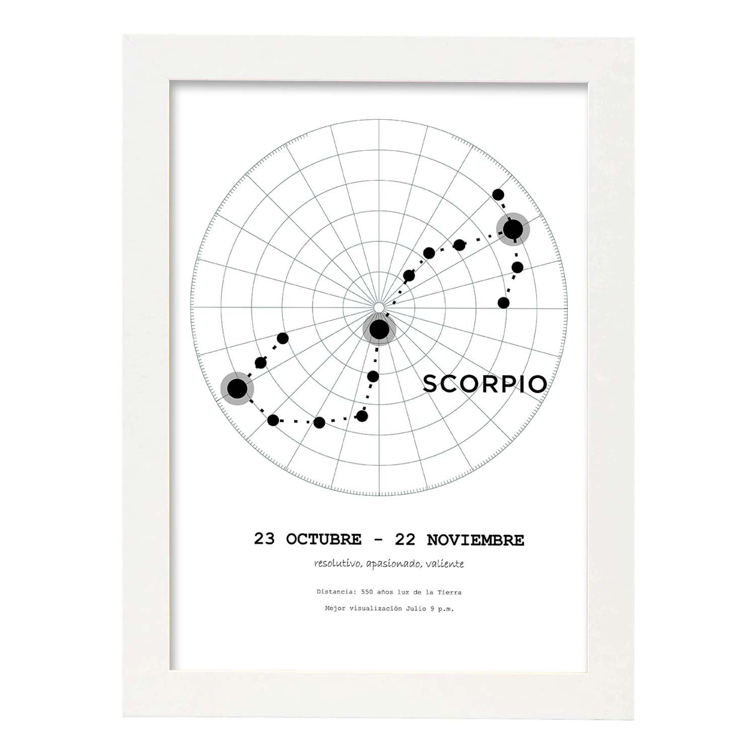 Lamina con la constelación Escorpio. Poster con símbolo del zodiaco en y fondo del cielo estrellado-Artwork-Nacnic-A4-Marco Blanco-Nacnic Estudio SL
