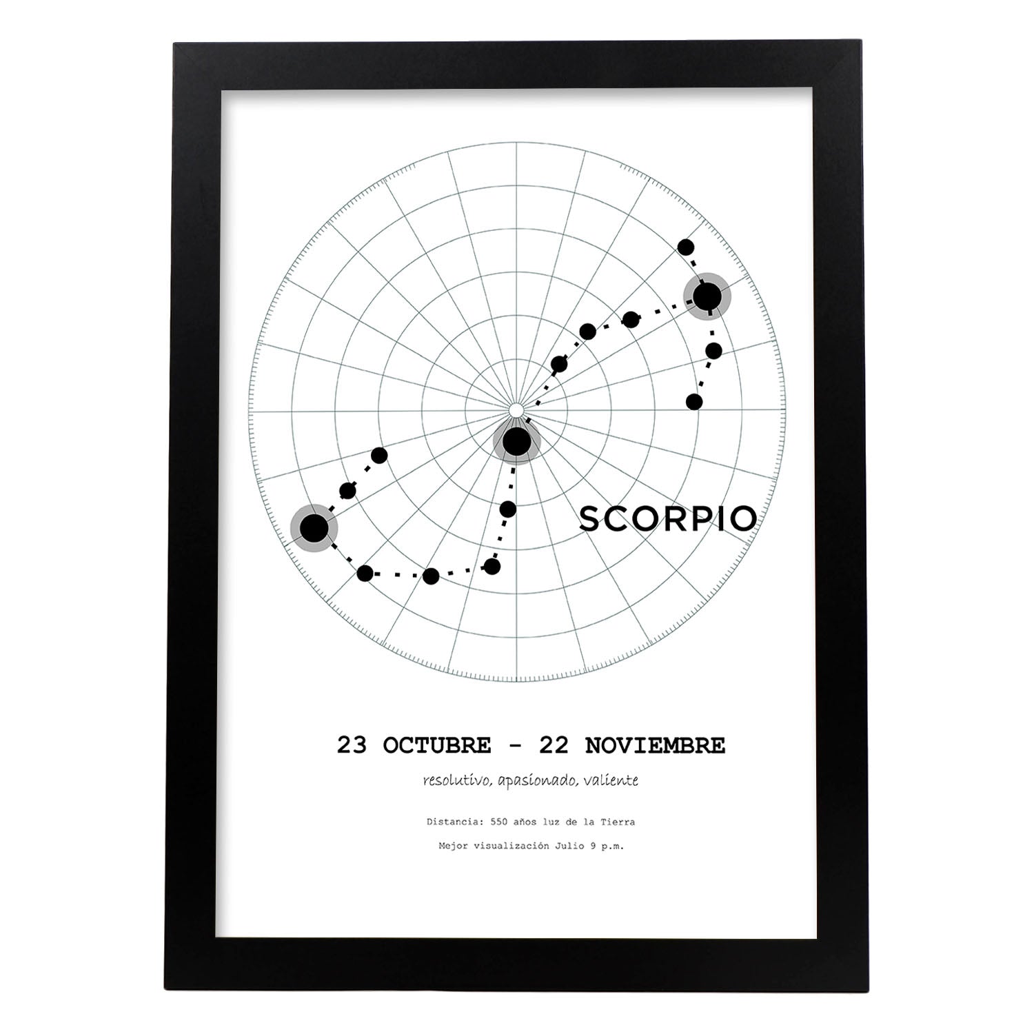 Lamina con la constelación Escorpio. Poster con símbolo del zodiaco en y fondo del cielo estrellado-Artwork-Nacnic-A4-Marco Negro-Nacnic Estudio SL