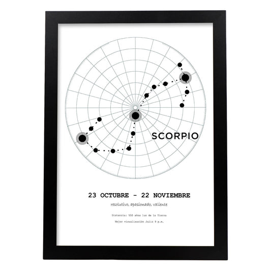 Lamina con la constelación Escorpio. Poster con símbolo del zodiaco en y fondo del cielo estrellado-Artwork-Nacnic-A4-Marco Negro-Nacnic Estudio SL