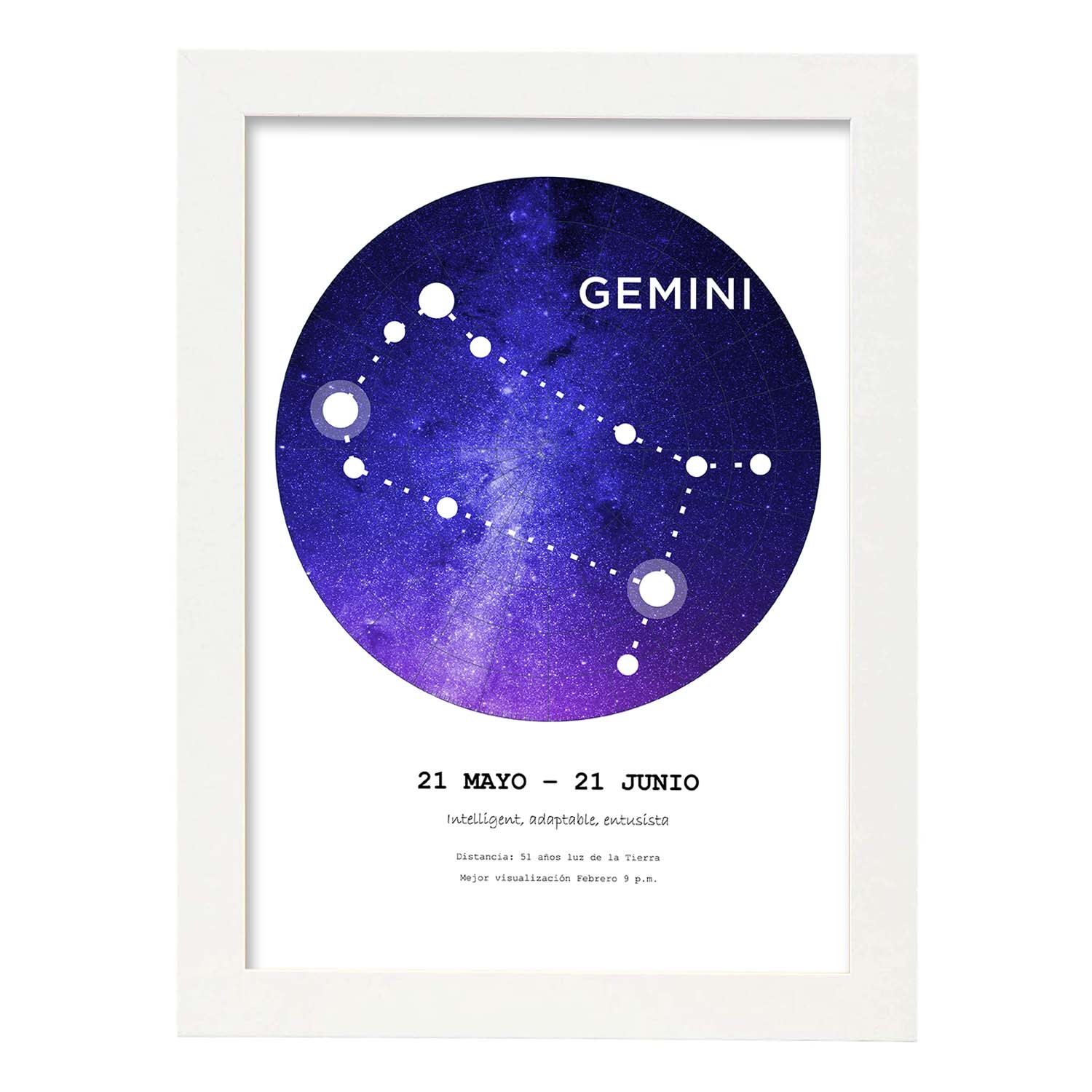 Lamina con la constelación Gemini. Poster con símbolo del zodiaco en y fondo blanco-Artwork-Nacnic-A3-Marco Blanco-Nacnic Estudio SL