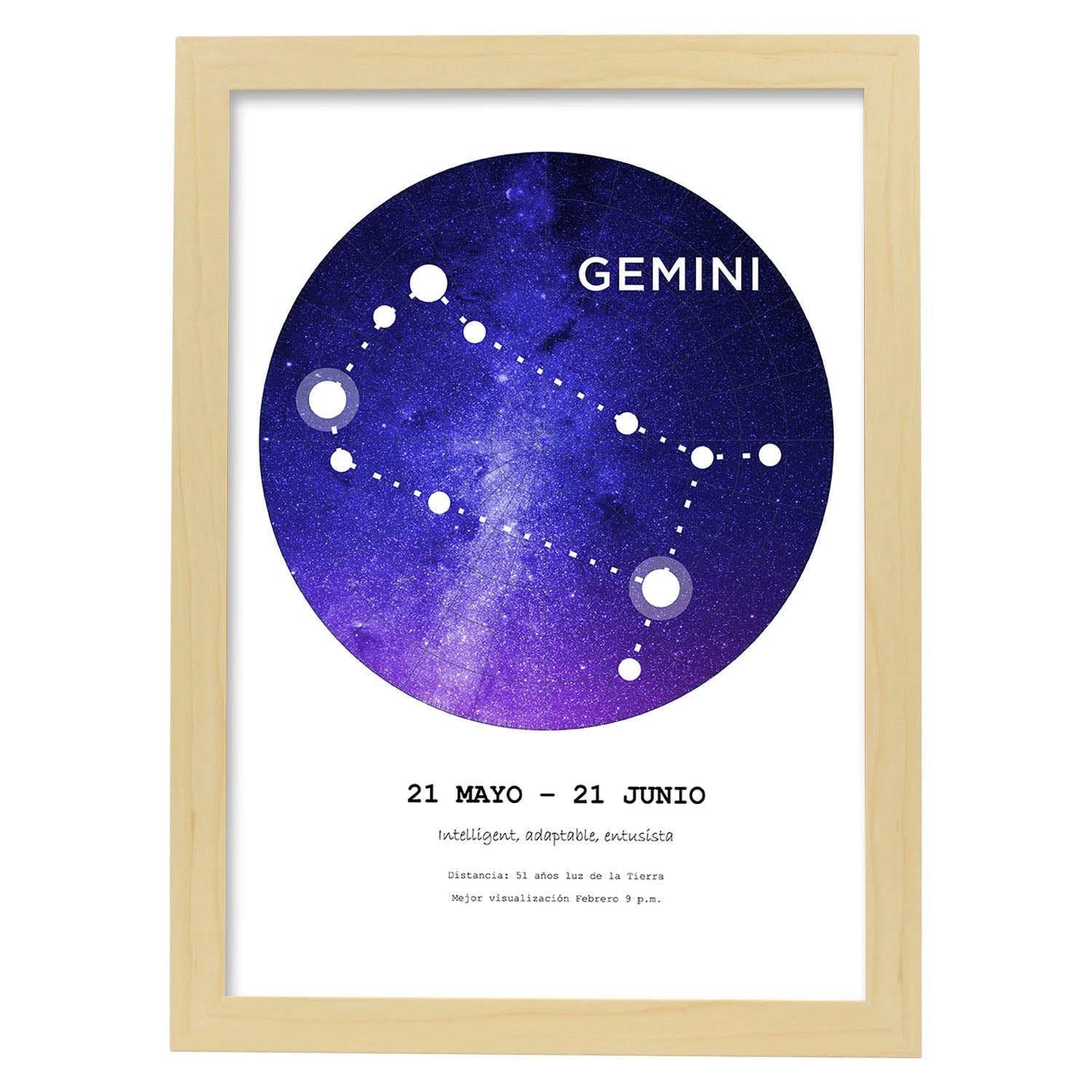 Lamina con la constelación Gemini. Poster con símbolo del zodiaco en y fondo blanco-Artwork-Nacnic-A4-Marco Madera clara-Nacnic Estudio SL