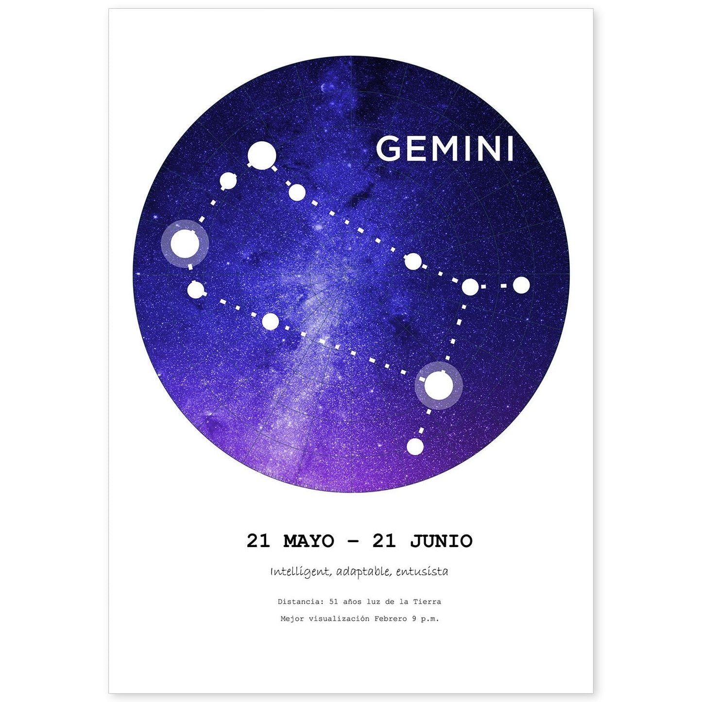 Lamina con la constelación Gemini. Poster con símbolo del zodiaco en y fondo blanco-Artwork-Nacnic-A4-Sin marco-Nacnic Estudio SL