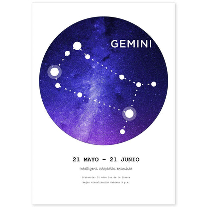 Lamina con la constelación Gemini. Poster con símbolo del zodiaco en y fondo blanco-Artwork-Nacnic-A4-Sin marco-Nacnic Estudio SL