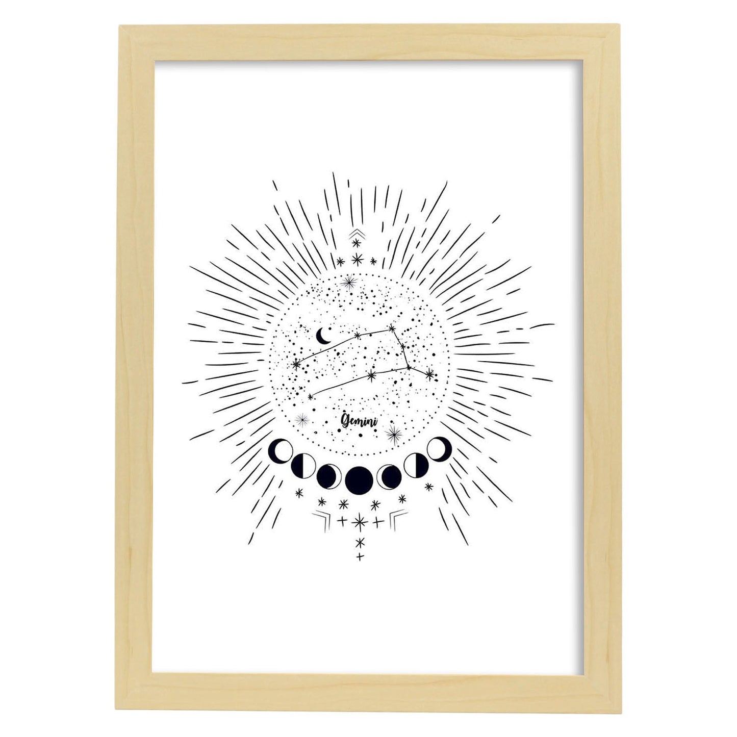 Lamina con la constelación Geminis. Poster con símbolo del zodiaco en y fondo blanco-Artwork-Nacnic-A4-Marco Madera clara-Nacnic Estudio SL