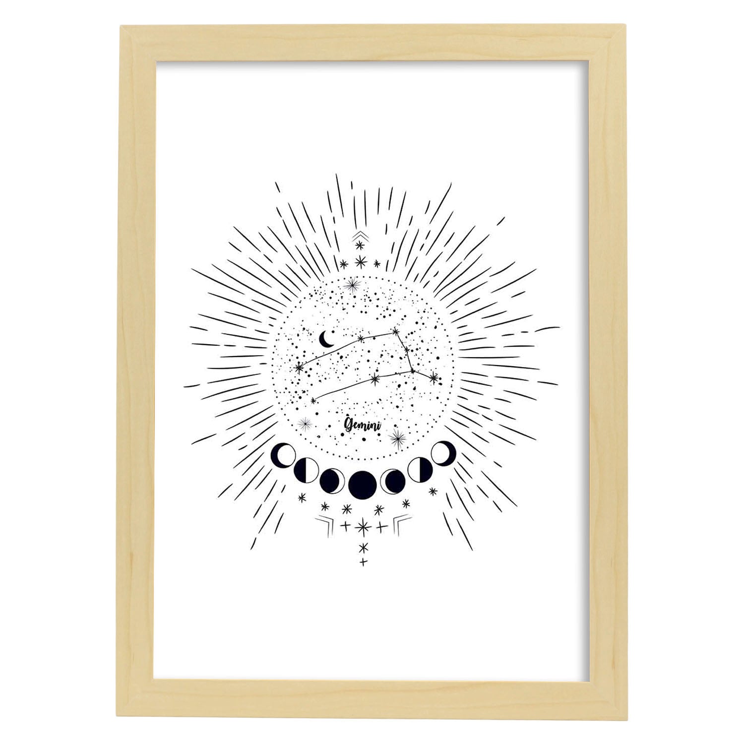 Lamina con la constelación Geminis. Poster con símbolo del zodiaco en y fondo blanco-Artwork-Nacnic-A4-Marco Madera clara-Nacnic Estudio SL