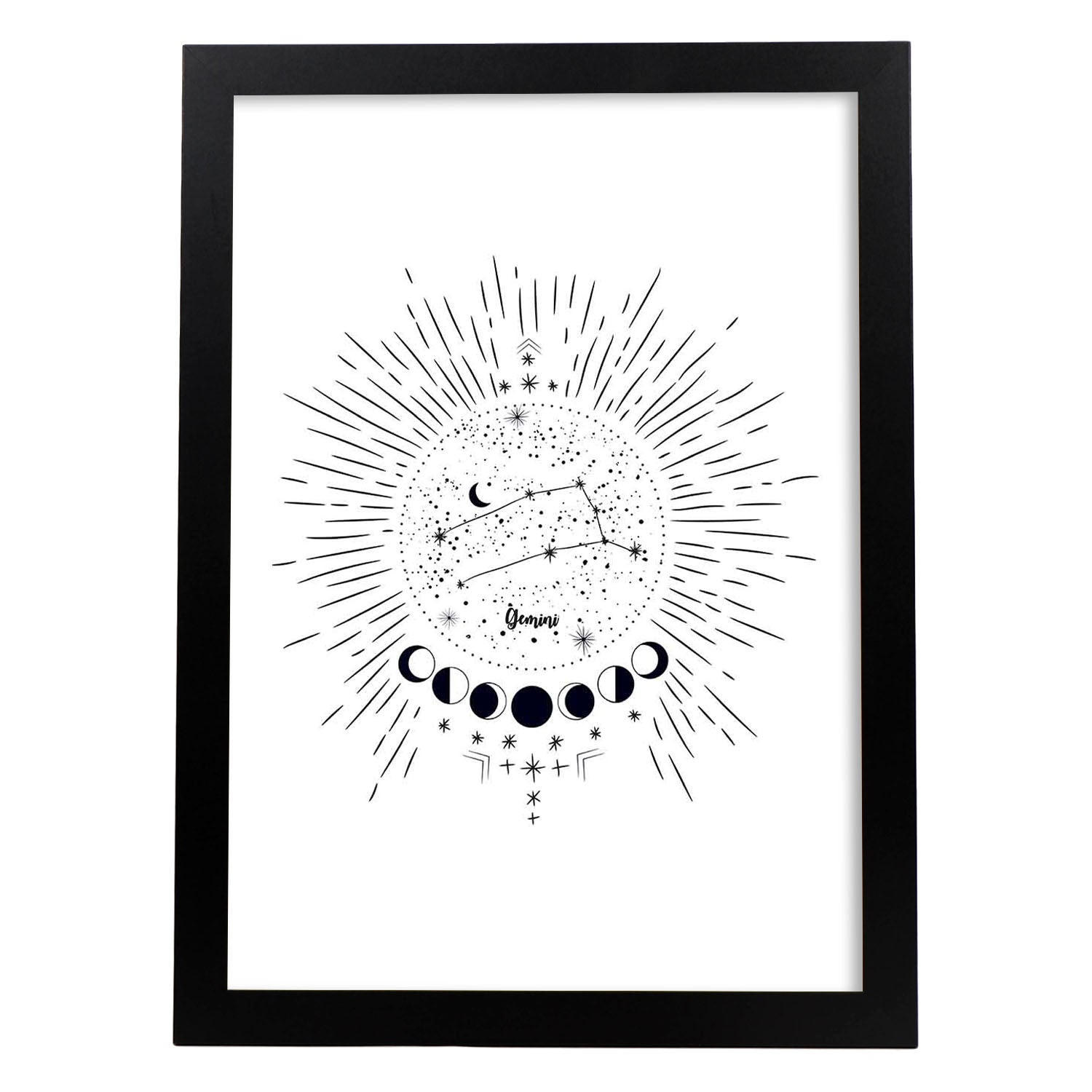 Lamina con la constelación Geminis. Poster con símbolo del zodiaco en y fondo blanco-Artwork-Nacnic-A4-Marco Negro-Nacnic Estudio SL