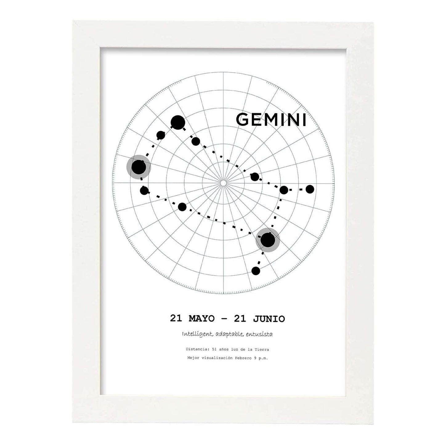 Lamina con la constelación Geminis. Poster con símbolo del zodiaco en y fondo del cielo estrellado-Artwork-Nacnic-A3-Marco Blanco-Nacnic Estudio SL