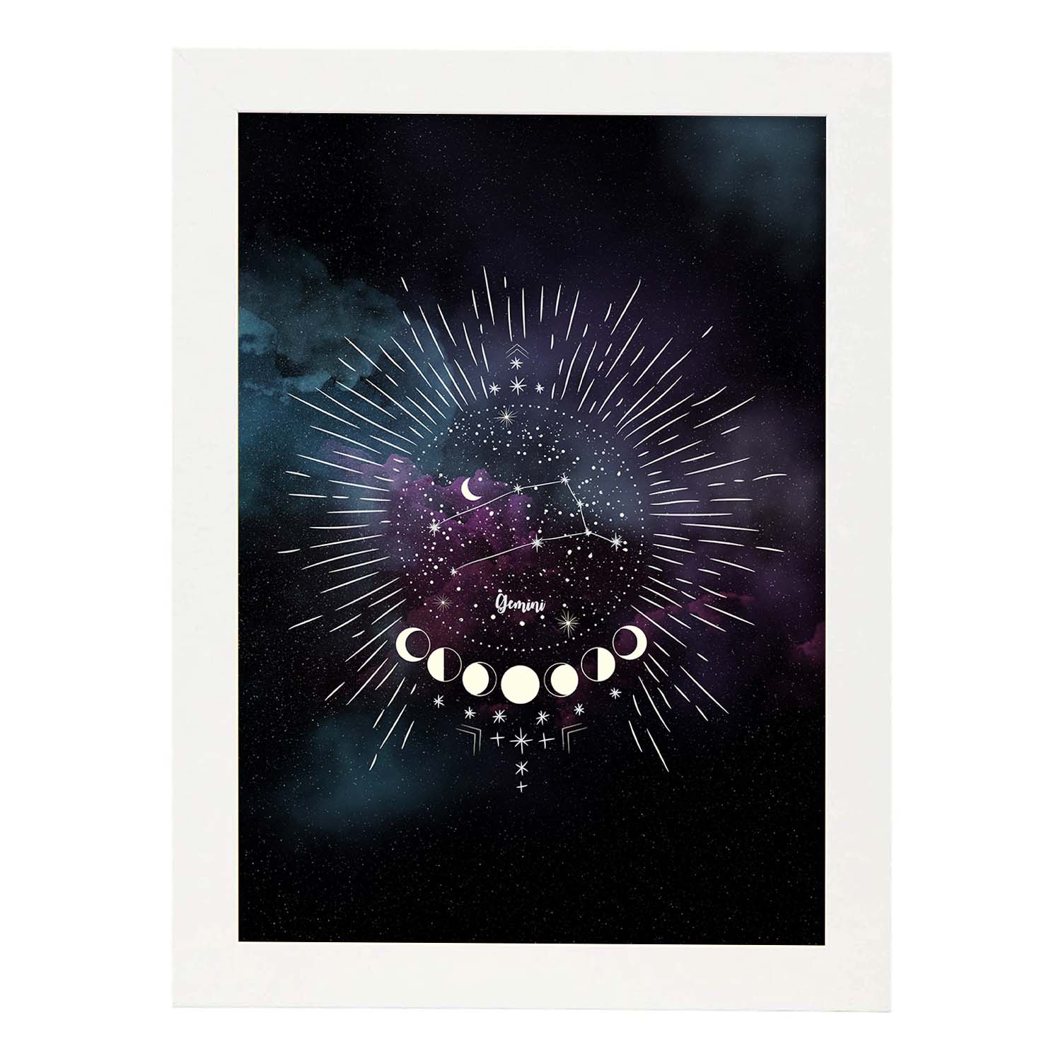 Lamina con la constelación Geminis. Poster con símbolo del Zodiaco en y Fondo del Cielo Estrellado-Artwork-Nacnic-A3-Marco Blanco-Nacnic Estudio SL